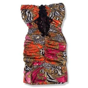 y2k 2000s Jersey Shore Style Gold Animal Print Ruched Mini Dress Size S